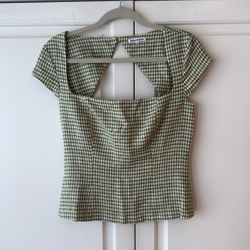 Reformation Cora Linen Top Avocado Check - Size 8